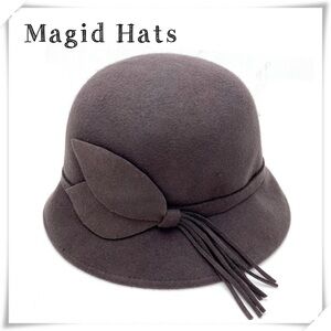 MAGID Hats Wool Felt Leaf Detail Dark Academia Hat in Mushroom Gray